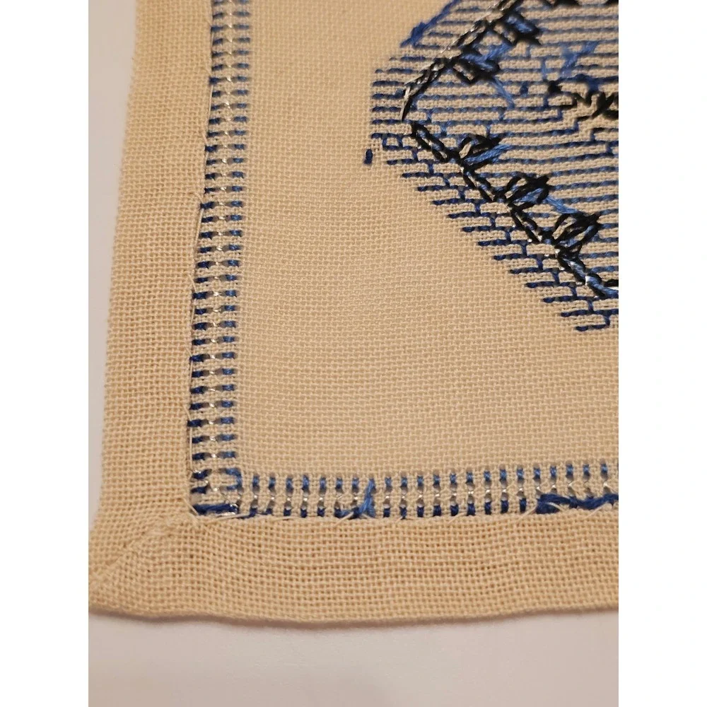 Vintage Handmade Cross Stitch Cocktail Napkins Set of 4 Tan Blue Geometric MCM